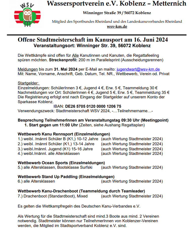Ausschreibung Kanusport-Stadtmeisterschaft Koblenz